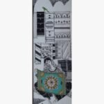 Slim vertical ink and acrylic artwork titled The Rug Seller-2 by Sanjay Lavakare depicting a figure holding a turquoise rug.