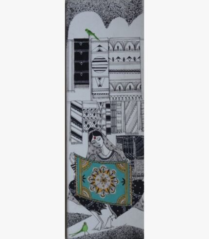 Slim vertical ink and acrylic artwork titled The Rug Seller-2 by Sanjay Lavakare depicting a figure holding a turquoise rug.