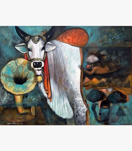 Contemporary Indian acrylic painting titled Quality time III by Jiban Biswas depicting a decorated white bull next to a vintage teal gramophone with surreal mythological figures against a textured turquoise backdrop.
