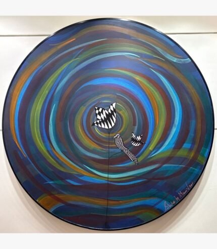 Circular abstract acrylic painting titled Swirl of Nature by Mansi Virani featuring swirling blue, teal, and gold vortex lines surrounding patterned black-and-white stylized flowers and birds.