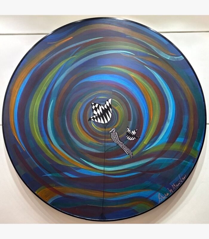 Circular abstract acrylic painting titled Swirl of Nature by Mansi Virani featuring swirling blue, teal, and gold vortex lines surrounding patterned black-and-white stylized flowers and birds.