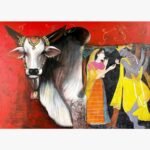 Contemporary Indian acrylic painting titled Emotional Attachment III by Jiban Biswas depicting a majestic white bull alongside Radha and Lord Krishna exchanging a lotus flower against a vibrant red backdrop.