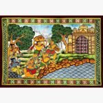 Traditional Indian narrative painting titled Ram Setu - The Bridge of Faith by Nirmal Soni depicting Lord Rama and the Vanara Sena building the floating stone bridge in natural pigment colors on paper.
