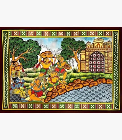 Traditional Indian narrative painting titled Ram Setu - The Bridge of Faith by Nirmal Soni depicting Lord Rama and the Vanara Sena building the floating stone bridge in natural pigment colors on paper.