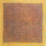 Square abstract acrylic canvas titled Untitled by Radhesham Dhamal with a central ochre-rust block within a bright yellow grid frame.