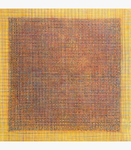 Square abstract acrylic canvas titled Untitled by Radhesham Dhamal with a central ochre-rust block within a bright yellow grid frame.
