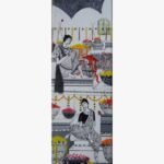 Tall vertical ink and acrylic artwork Hues of Marigold-2 by Sanjay Lavakare depicting figures with marigold flowers.