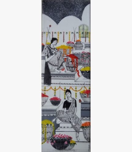 Tall vertical ink and acrylic artwork Hues of Marigold-2 by Sanjay Lavakare depicting figures with marigold flowers.