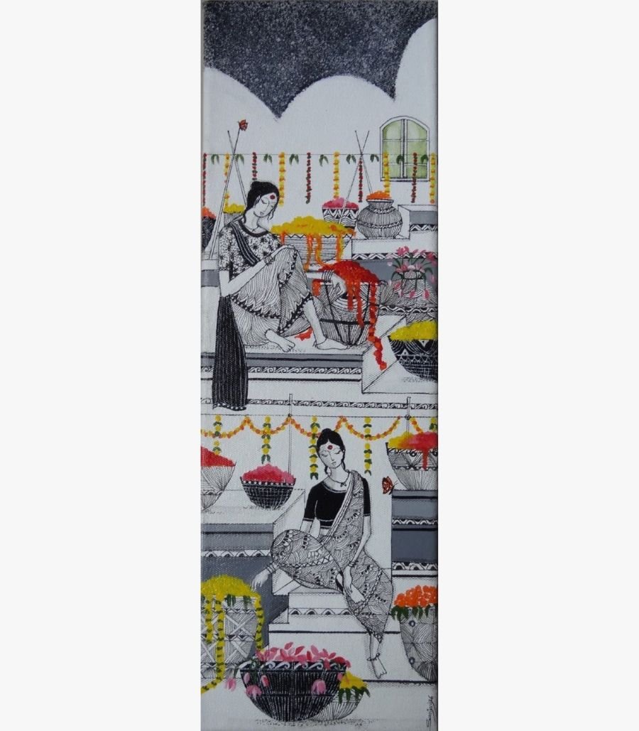 9 Tall vertical ink and acrylic artwork Hues of Marigold-2 by Sanjay Lavakare depicting figures with marigold flowers.