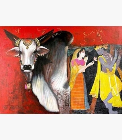 Contemporary Indian acrylic painting titled Emotional Attachment III by Jiban Biswas depicting a majestic white bull alongside Radha and Lord Krishna exchanging a lotus flower against a vibrant red backdrop.